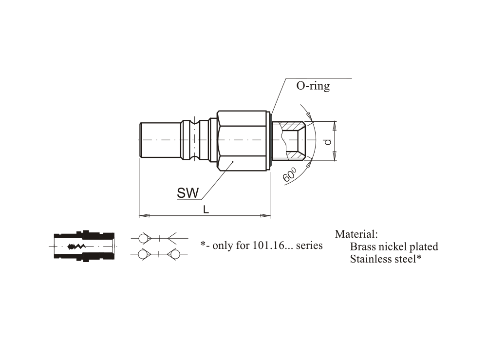 Náustek s vnějším závitem s těsněním, kužel 60°