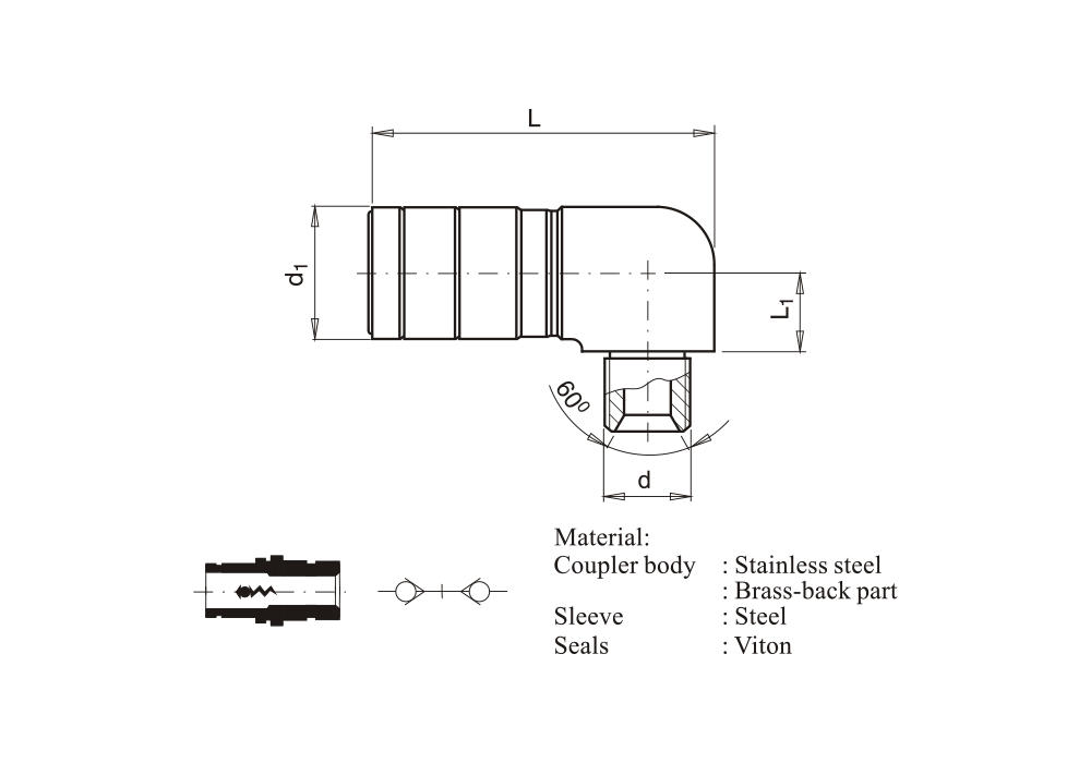 Rychlospojka s vnějším závitem, 90°