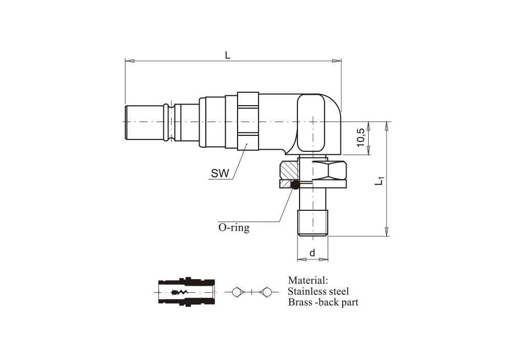 Náustek s vnějším závitem s maticí, 90°