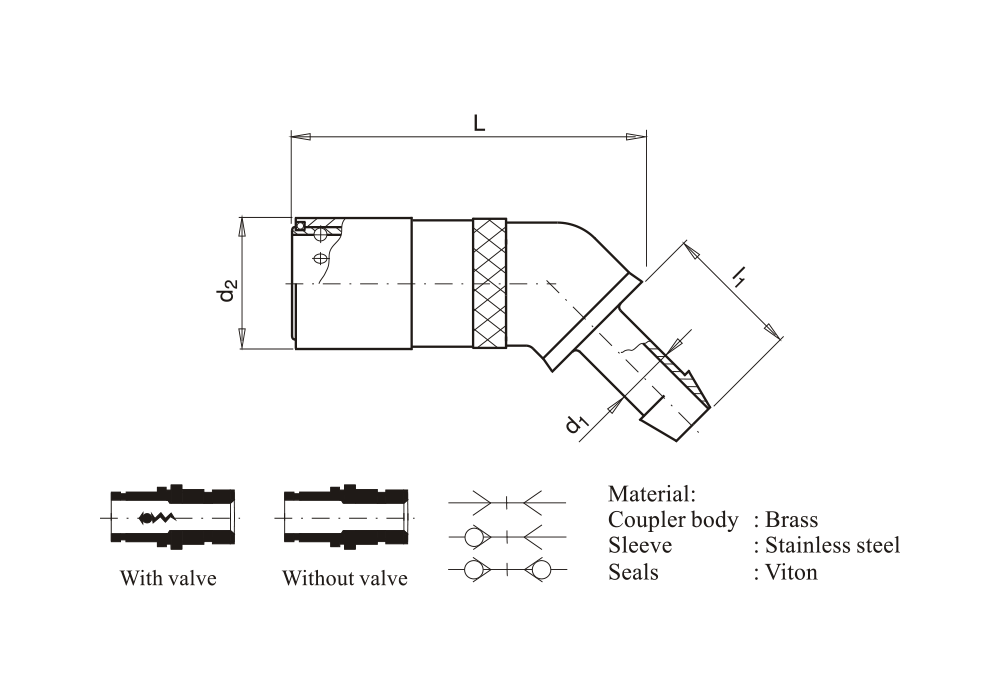Rychlospojka s trnem pro hadici, 45°