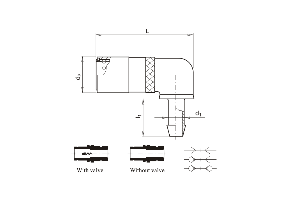 Rychlospojka s trnem pro hadici, 90°