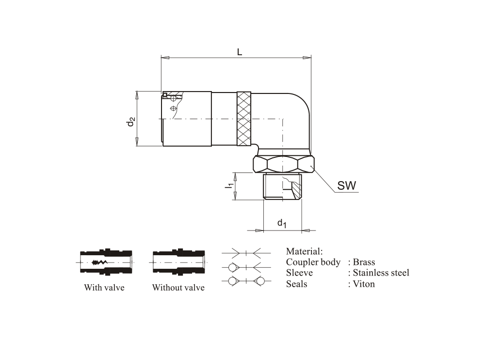 Rychlospojka s vnějším závitem, 90°, kužel 60°