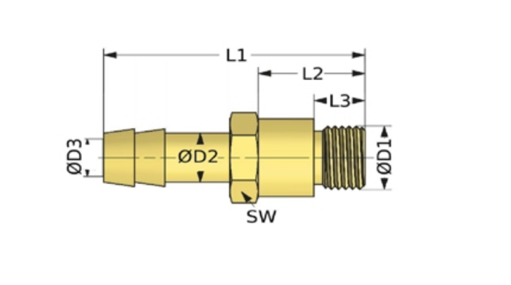 Prodloužený trn pro hadici, s vnějším závitem