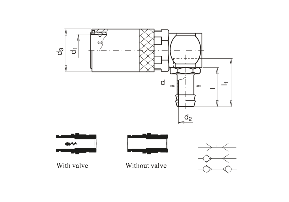 Rychlospojka s trnem pro hadici, 90°